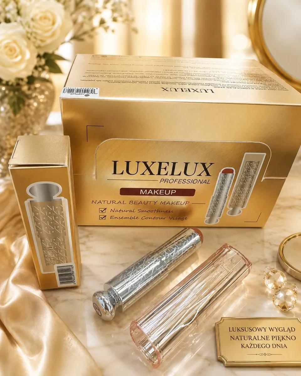 złote opakowanie i srebrny sztyft rozświetlacza i korektora Luxelux na marmurowym tle