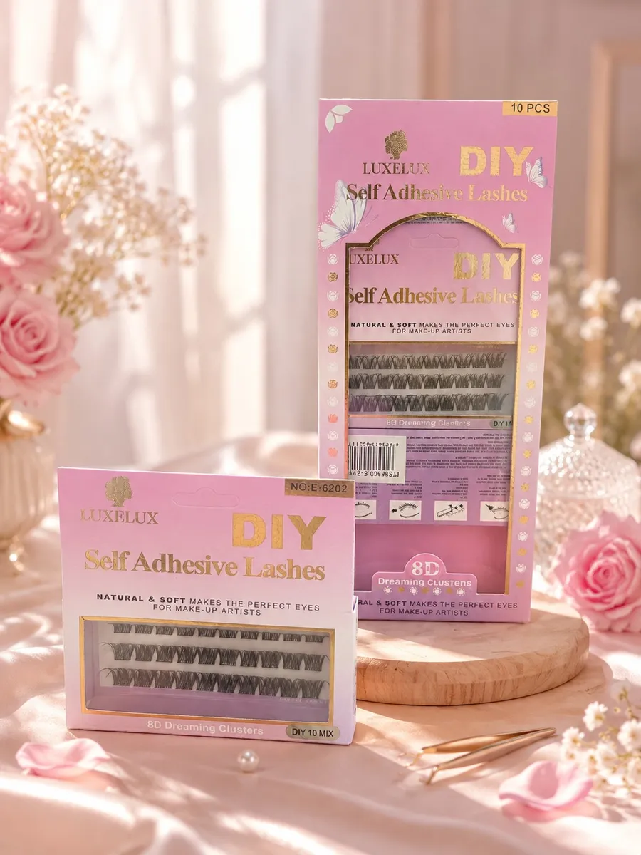 opakowanie samoprzylepnych kępek rzęs LUXELUX DIY 8D Dreaming Clusters w różowym pudełku