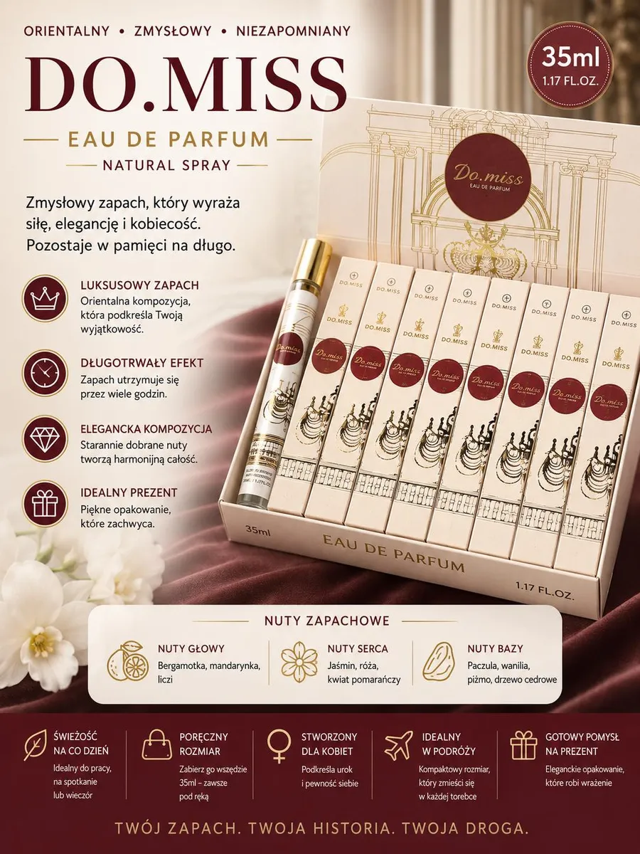 Perfumetka Do.Miss 35ml w kremowo-bordowym opakowaniu z motywem architektury i złotymi detalami