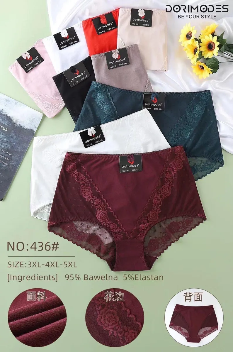 kolorowe majtki damskie z koronką w rozmiarach 3XL-5XL ułożone na białym tle