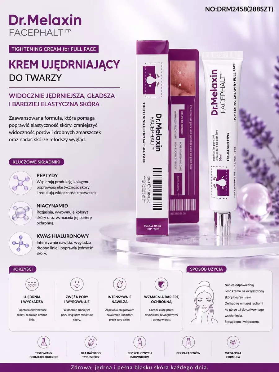 Krem ujędrniający Dr.Melaxin FACEPHALT FP 50ml z fioletowo-białym opakowaniem i tubką