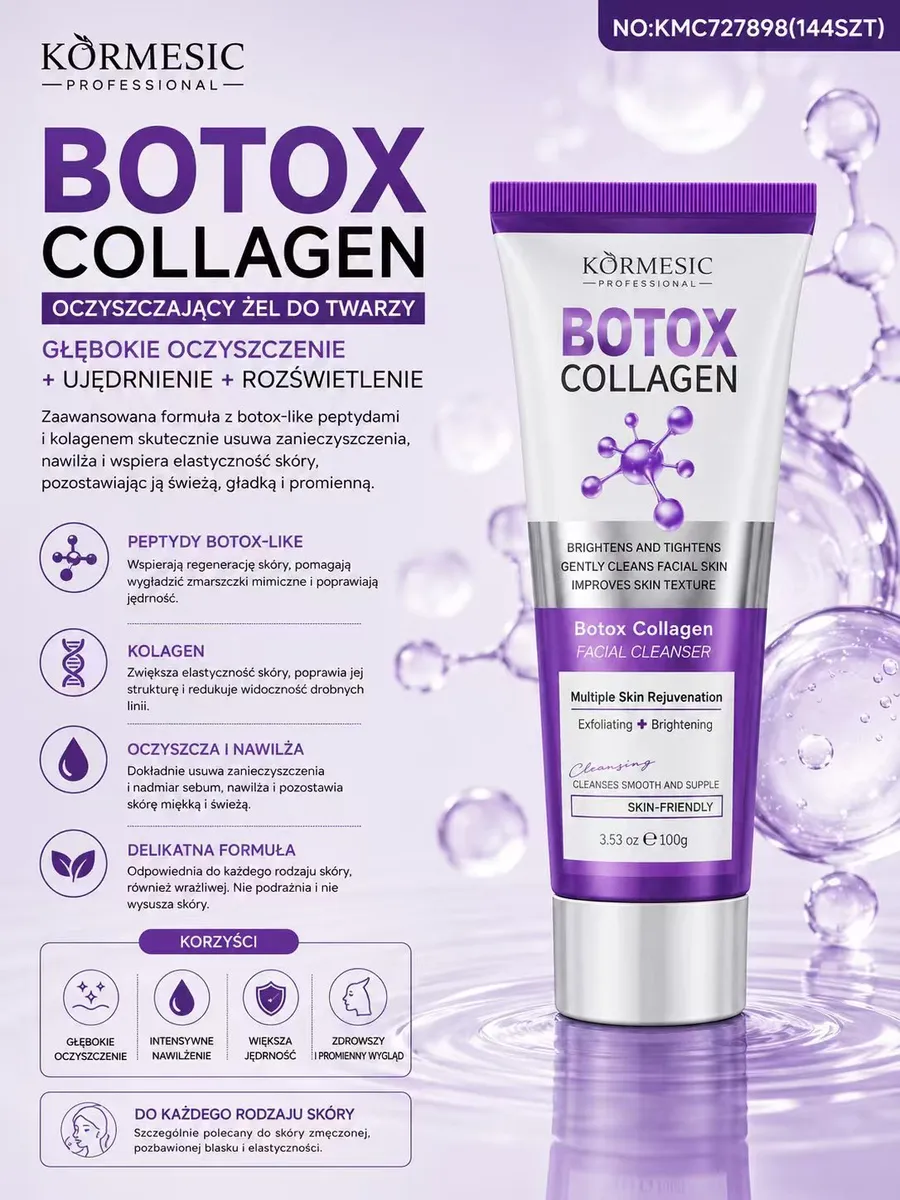 Tuba żelu do twarzy Kormesic Botox Collagen 100g w białym i fioletowym opakowaniu