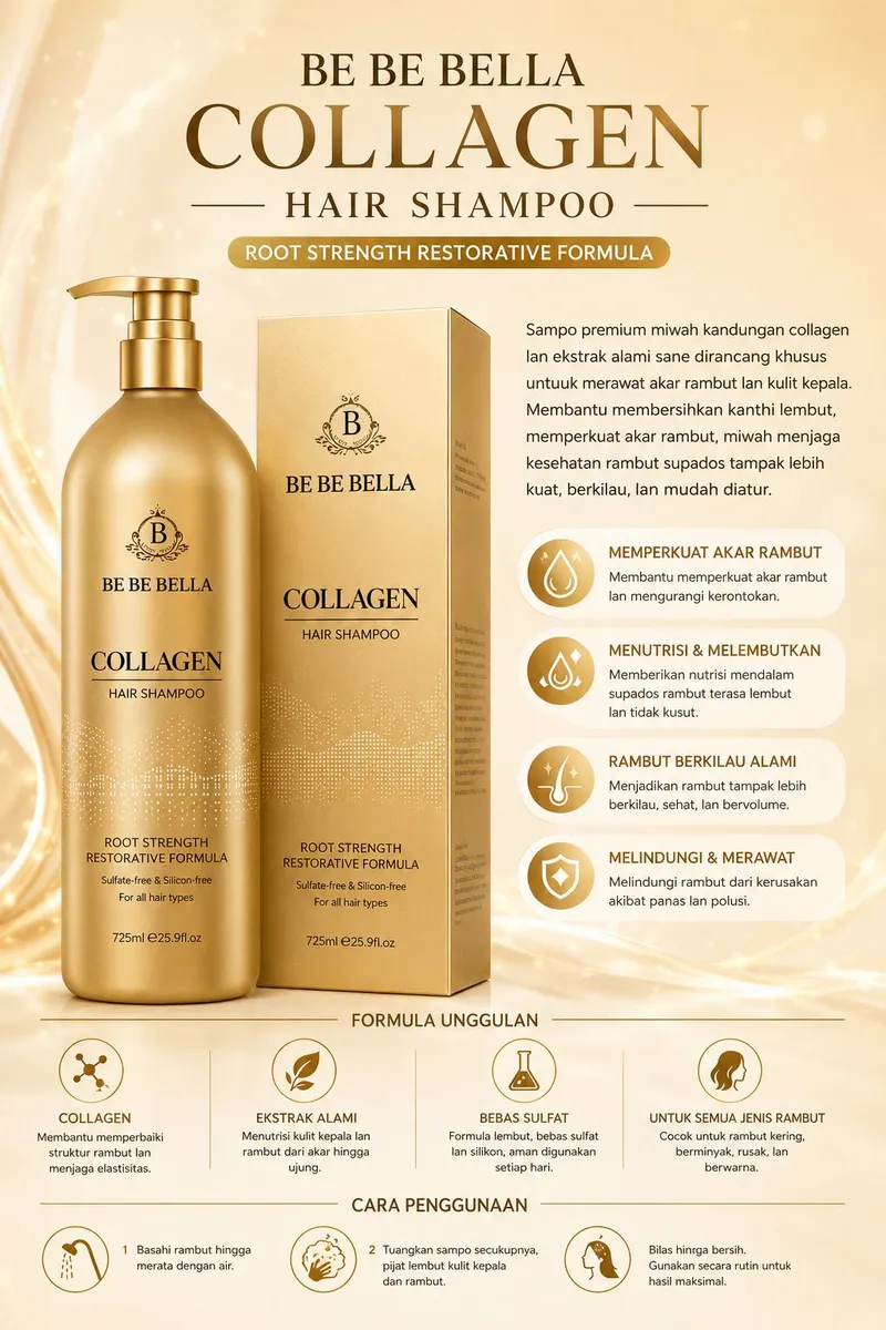 Złoty szampon BE BE BELLA Collagen 725 ml z dozownikiem i pudełkiem na jasnym tle
