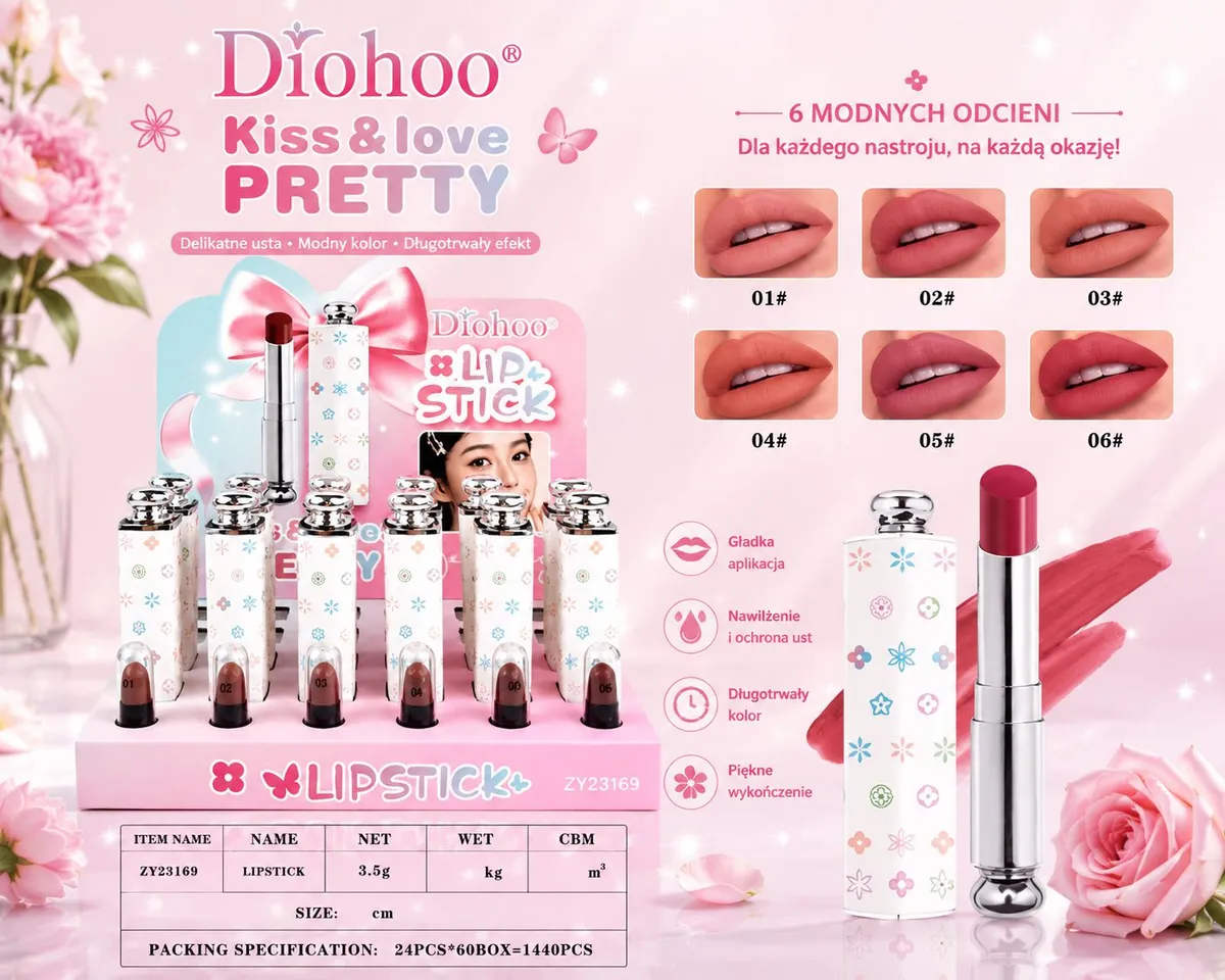 Pomadki Diohoo Kiss & Love Pretty w białych opakowaniach z kolorowymi kwiatami, 6 odcieni na ustach