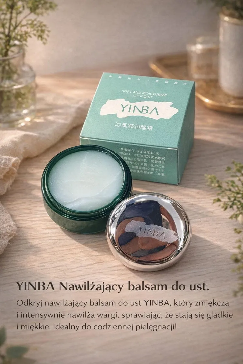 zielony słoiczek nawilżającego balsamu do ust YINBA z srebrną zakrętką i kartonowym opakowaniem