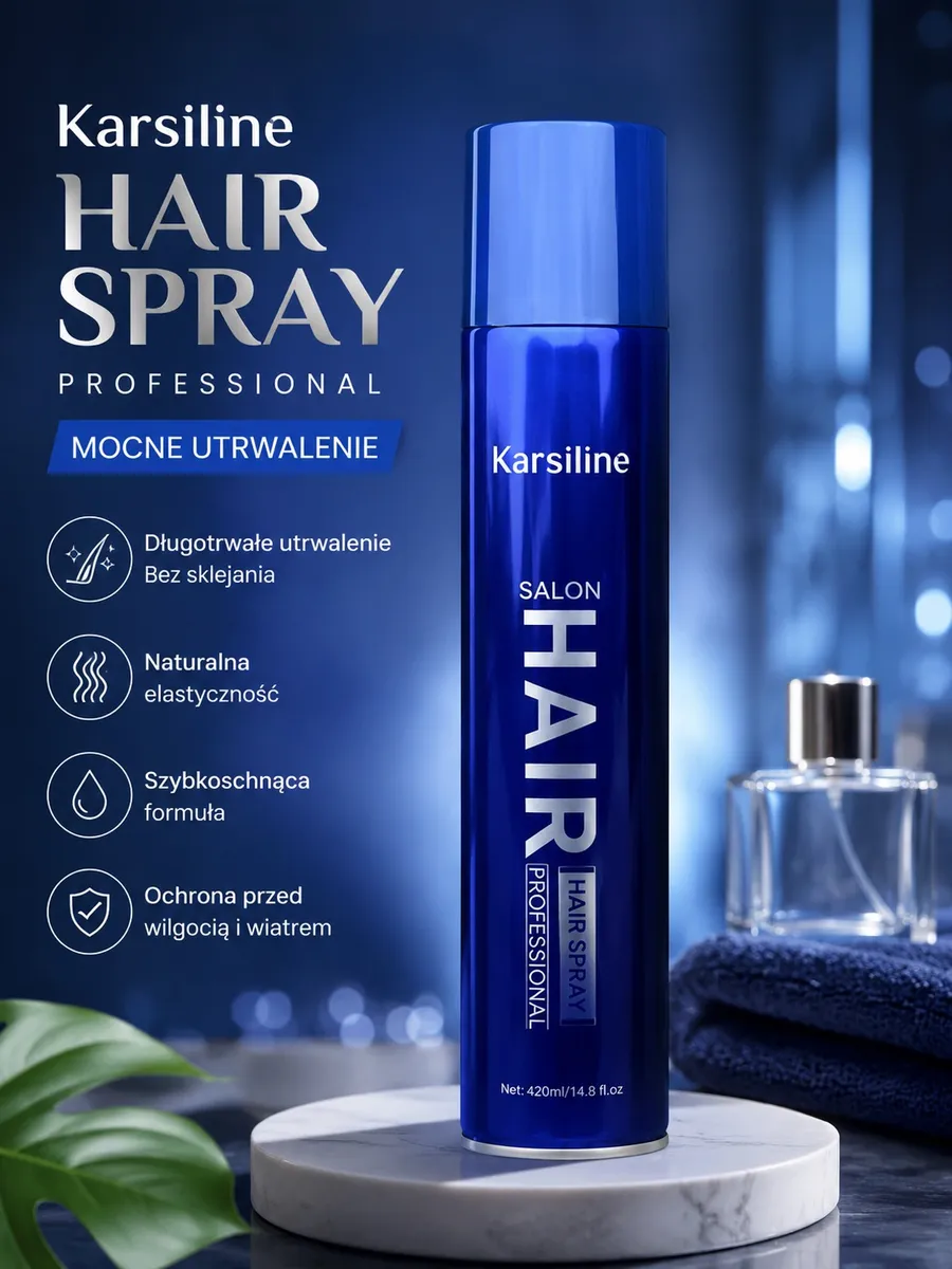Granatowa metaliczna butelka lakieru do włosów Karsiline 420 ml na marmurowej podstawce