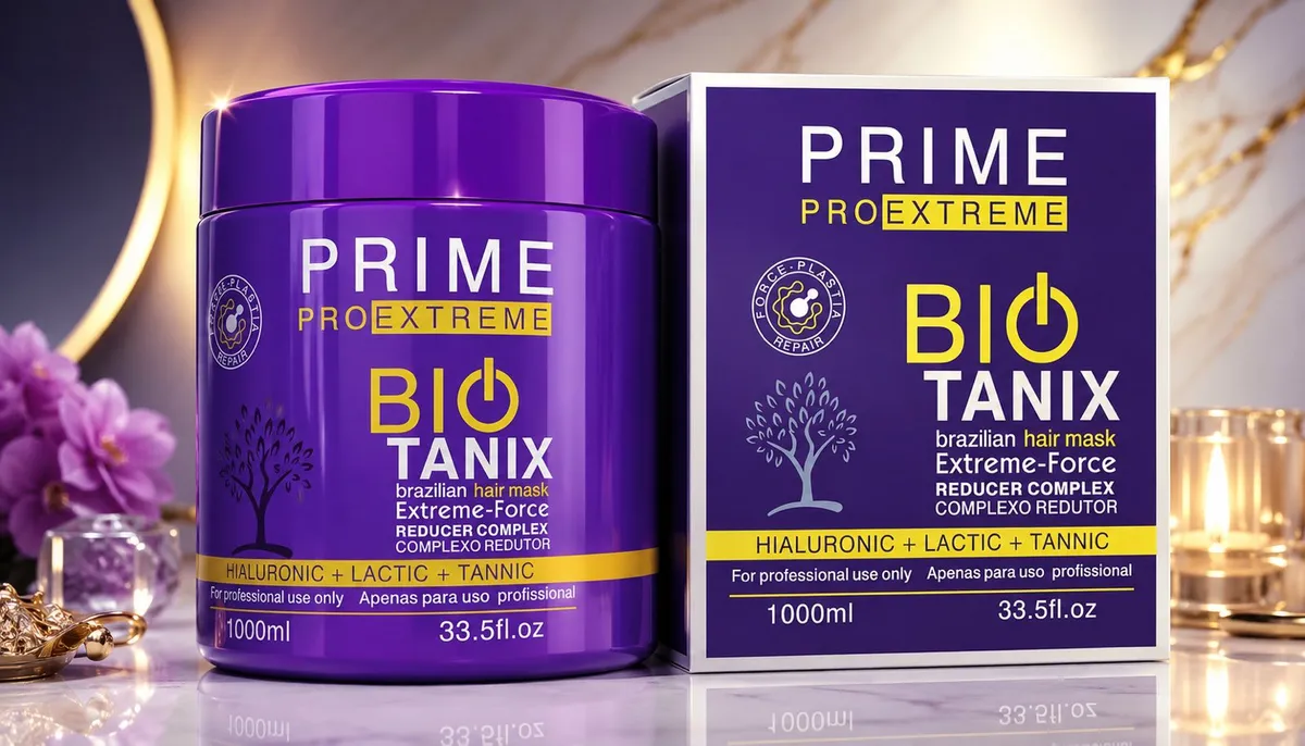 Fioletowy pojemnik i pudełko maski do włosów Prime Pro Extreme Bio Tanix 1000 ml na marmurowym blacie