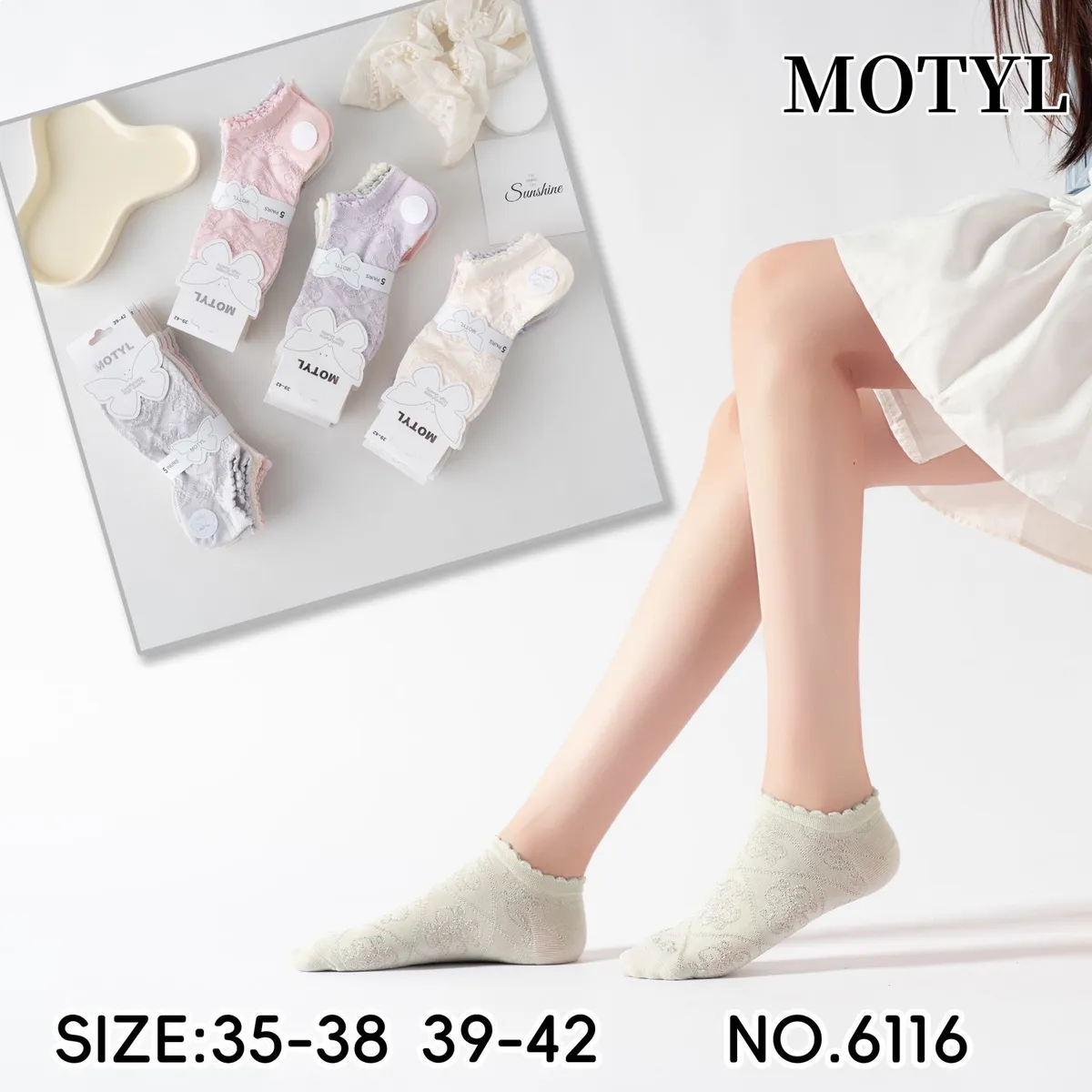 Pastelowe ażurowe skarpetki damskie Motyl w rozmiarach 35-42, różne kolory, falbanka