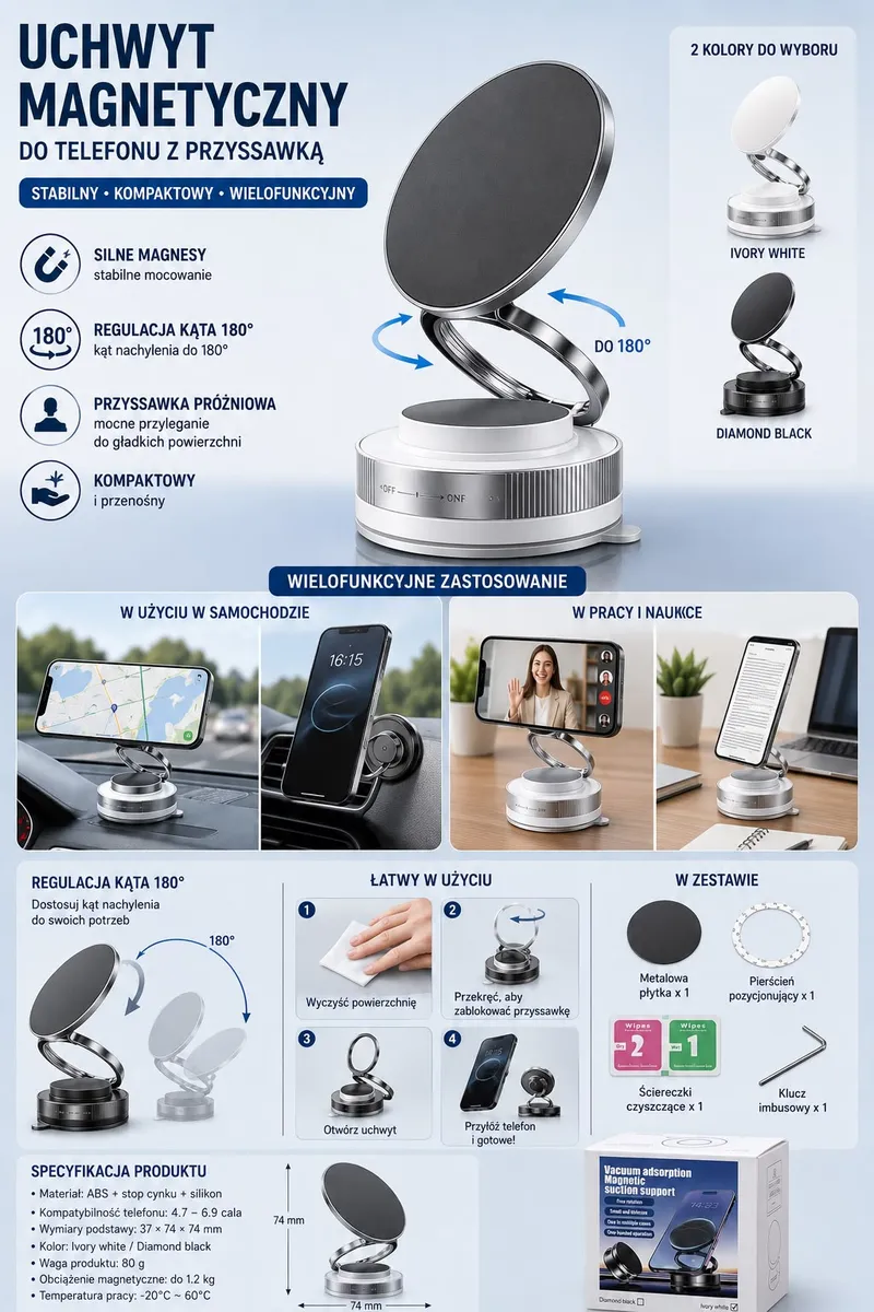 Magnetyczny uchwyt do telefonu z przyssawką próżniową, regulacja kąta 180°, dwa kolory do wyboru