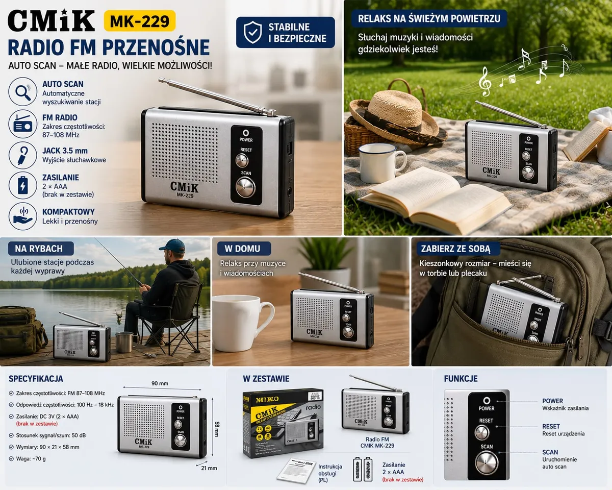 Przenośne radio FM CMiK MK-229 srebrno-czarne z anteną i przyciskami na stole i w plenerze