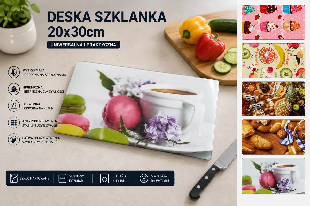 Deska szklana do krojenia 20x30 cm z nadrukiem makaroników i filiżanki, antypoślizgowe nóżki