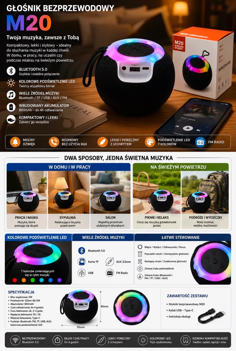 czarny kulisty głośnik Bluetooth M20 z kolorowym podświetleniem LED RGB i portami USB, TF, AUX