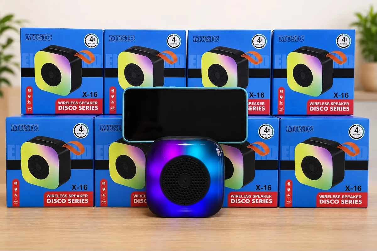 Głośnik Bluetooth LED Disco Series X-16 z kolorowym podświetleniem RGB i opakowaniami w tle