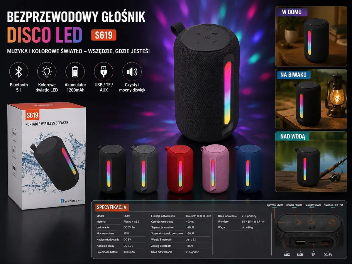 Czarny bezprzewodowy głośnik Bluetooth LED RGB z kolorowym paskiem świetlnym i opakowaniem