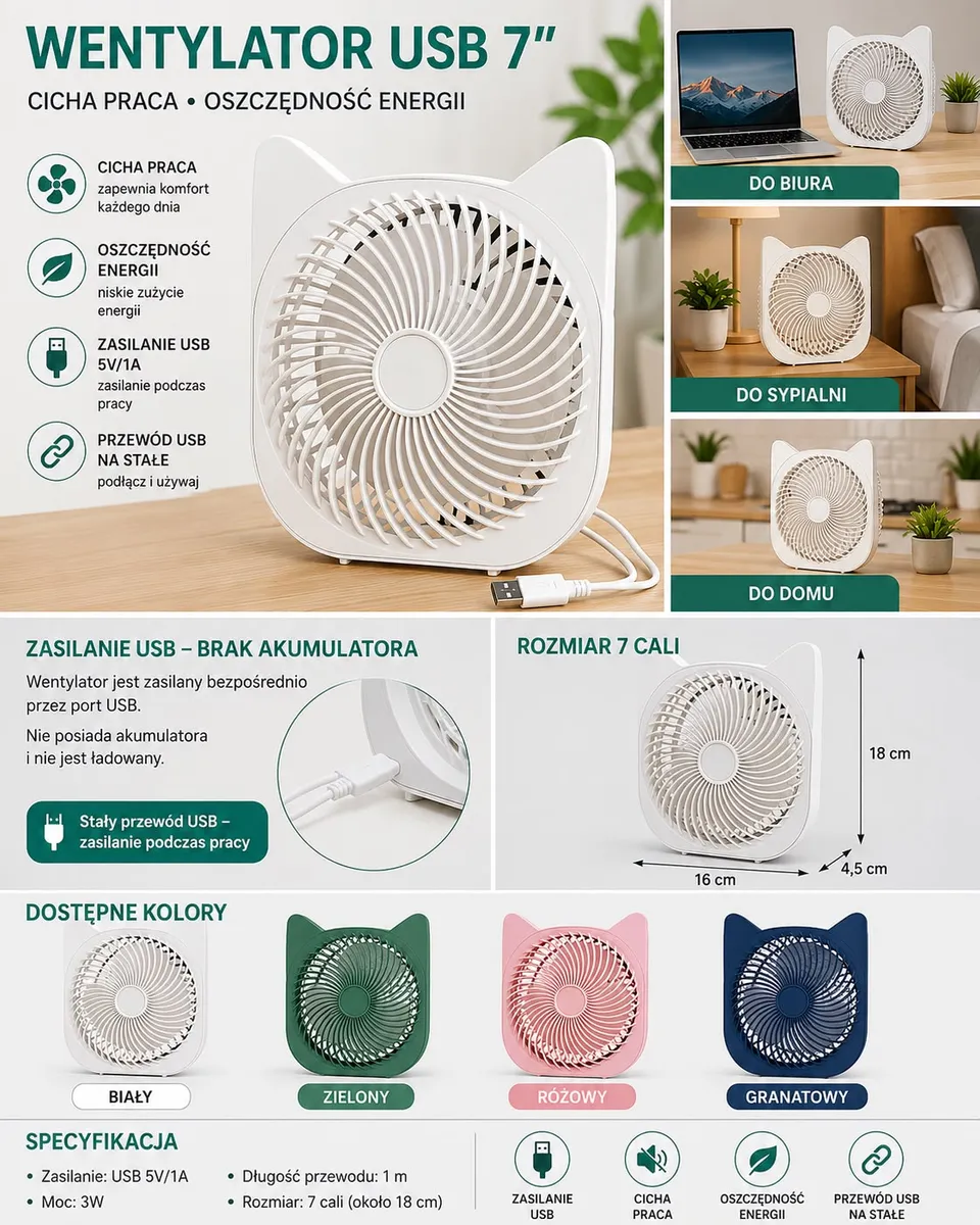 biały wentylator USB 7 cali z kocimi uszami na biurku, z kablem USB