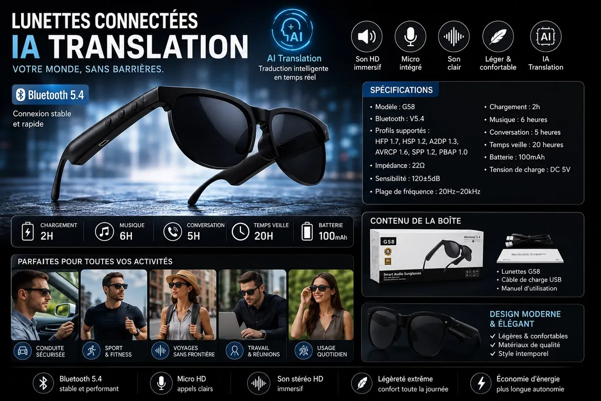 czarne inteligentne okulary Bluetooth G58 5.4 z wbudowanym mikrofonem i kablem USB