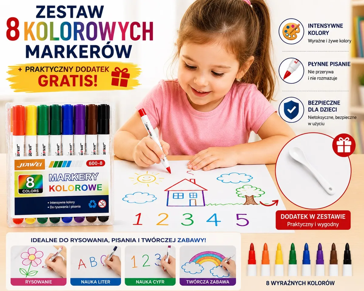 Zestaw 8 kolorowych markerów w plastikowym etui oraz dziewczynka rysująca dom i liczby