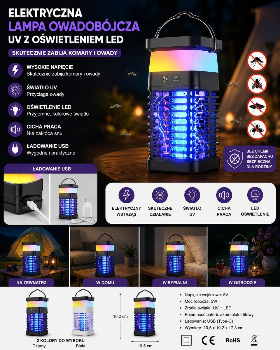 czarna lampa owadobójcza UV LED z kolorowym oświetleniem i uchwytem do przenoszenia
