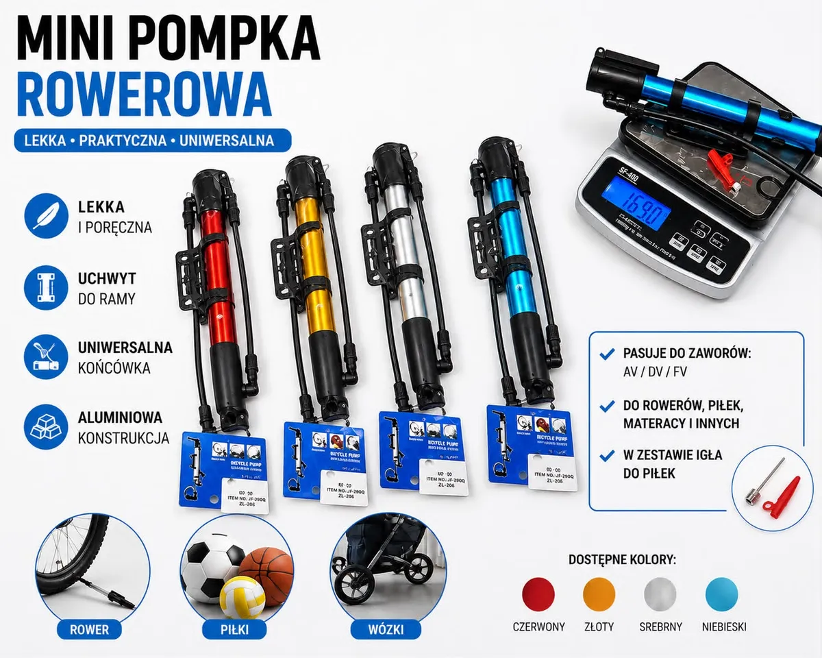 Mini pompka rowerowa aluminiowa niebieska z uchwytem do ramy, waga 169g, w zestawie z igłą do piłek na białym tle