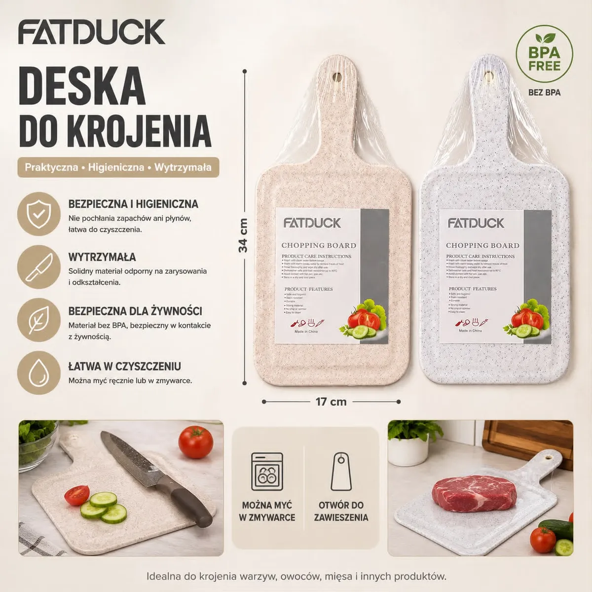 Beżowa deska do krojenia Fatduck 34×17 cm z uchwytem i otworami do zawieszenia, zapakowana w folię, obok widoczna biała wersj