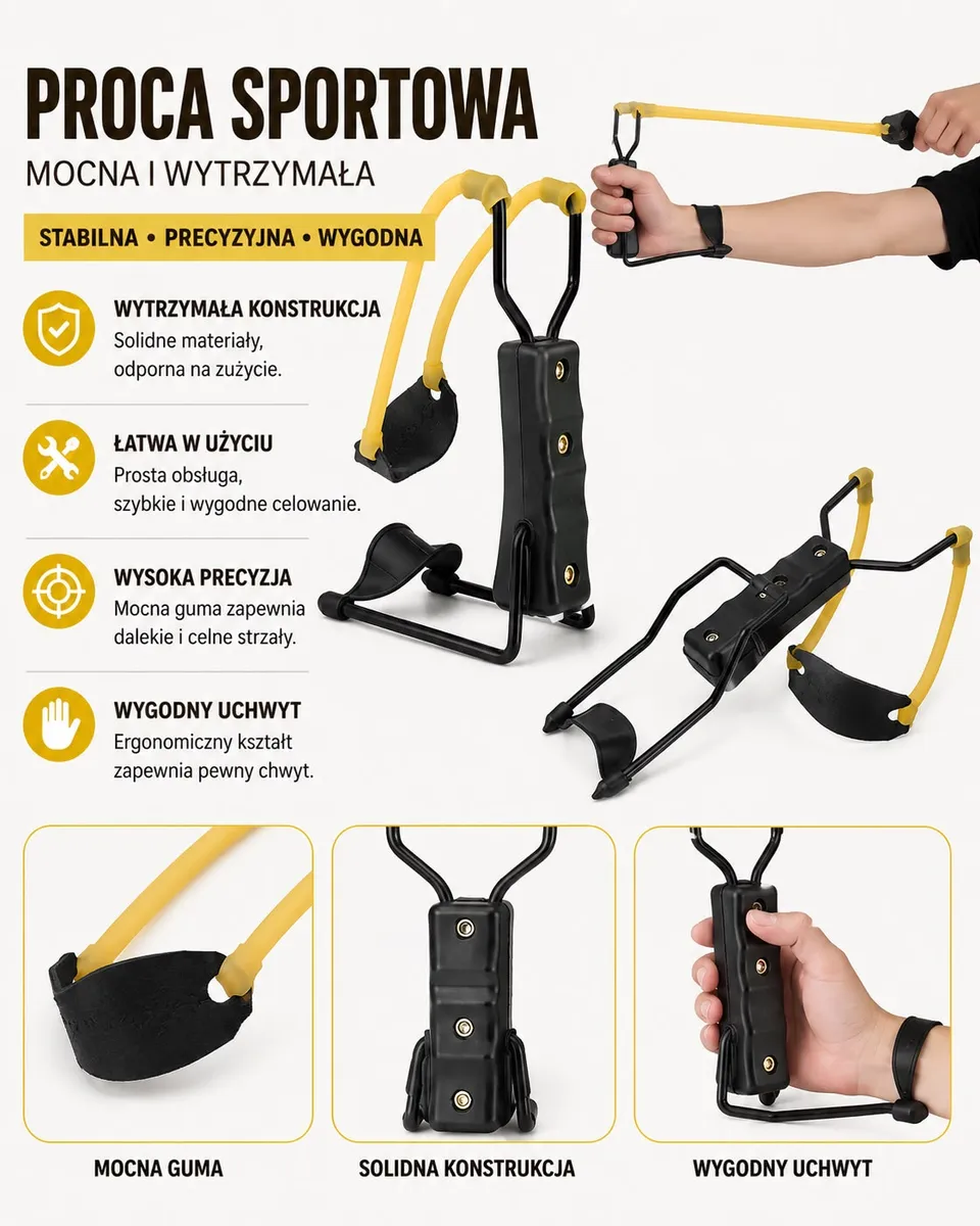 Proca sportowa z czarną ramą, żółtą mocną gumą i ergonomicznym uchwytem, pokazana z różnych stron na białym tle