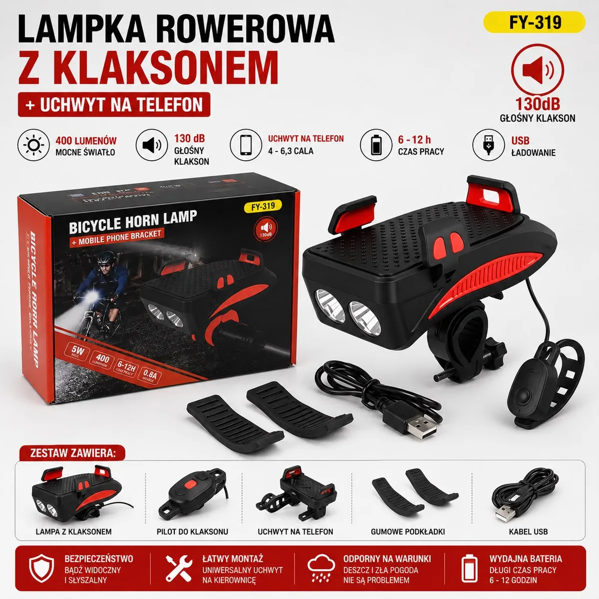 Zestaw lampy rowerowej LED z klaksonem, uchwytem na telefon, pilotem i akcesoriami montażowymi na białym tle