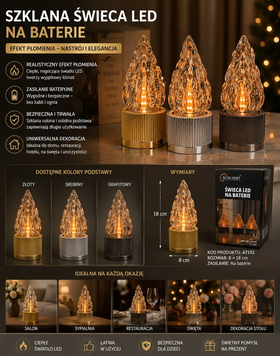 Szklana świeca LED z realistycznym efektem płomienia, złota podstawa, wysokość 18 cm, na baterie