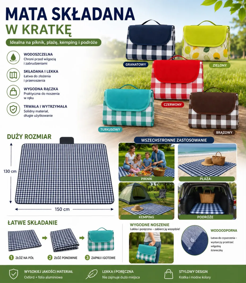 Mata piknikowa składana w granatową kratkę z rączką, rozłożona na 150x130 cm oraz złożona w kompaktową torbę, pokazana na tle