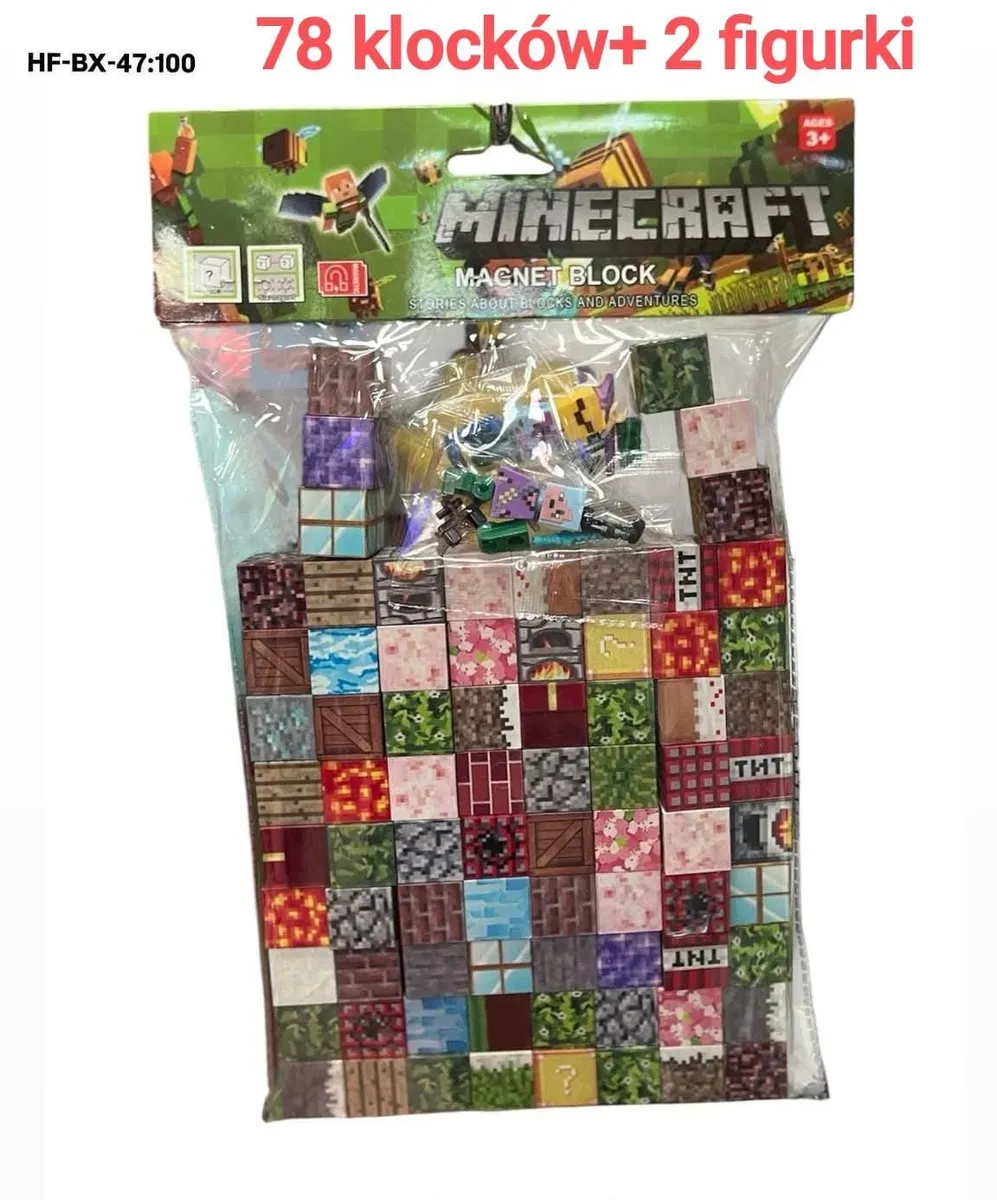 Zestaw 78 magnetycznych klocków Minecraft z 2 figurkami w przezroczystym opakowaniu z tekturową główką