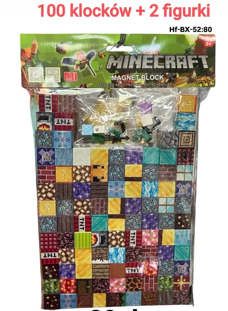 Zestaw Minecraft Magnet Block z 100 kolorowych klocków magnetycznych i dwiema figurkami w przezroczystym opakowaniu