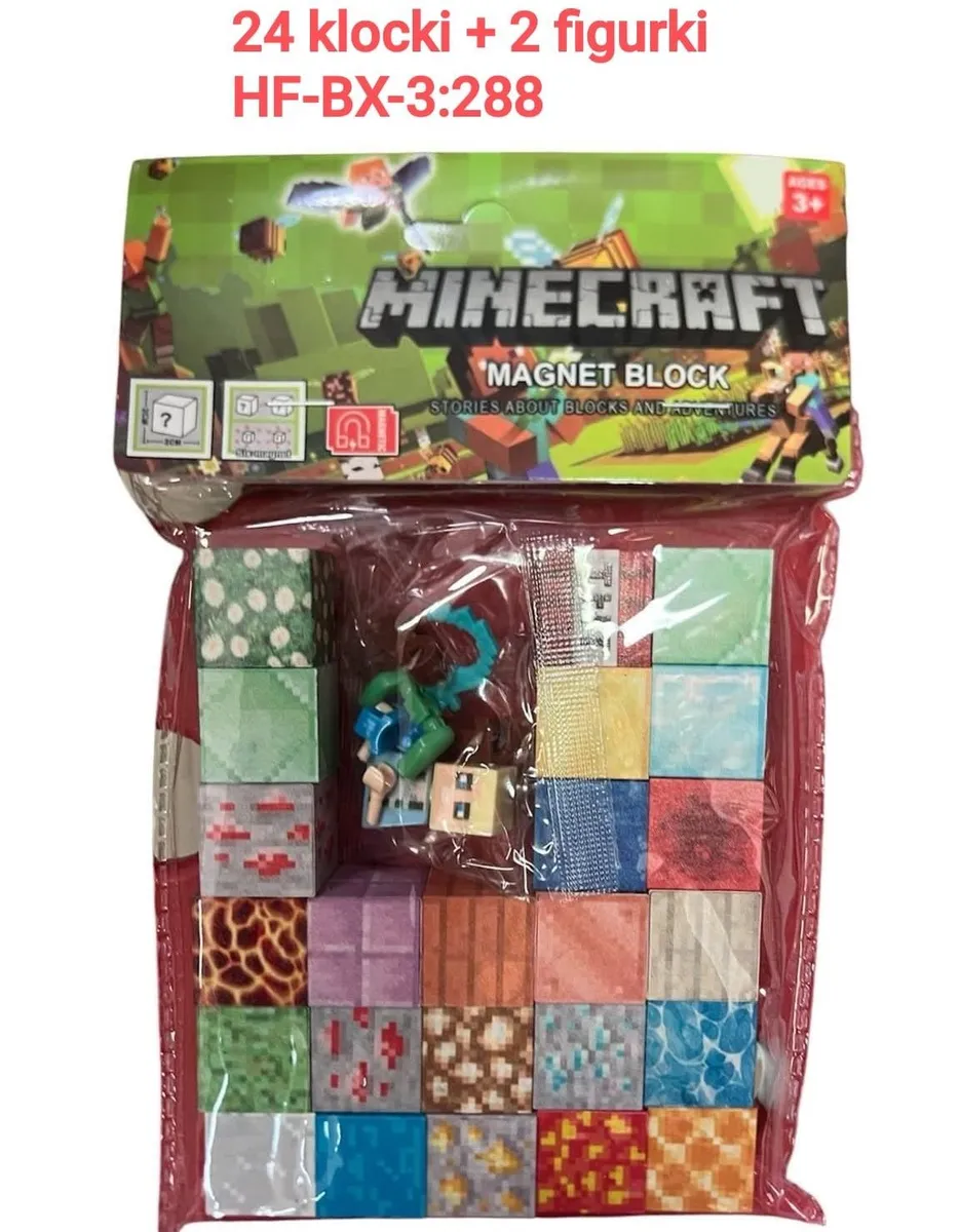 Zestaw klocków magnetycznych Minecraft z 24 blokami i dwiema figurkami w opakowaniu blister