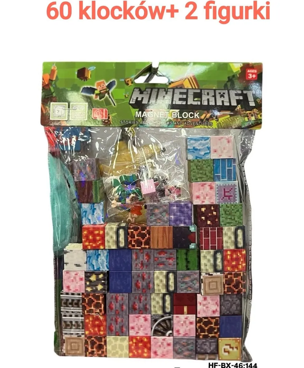 Zestaw klocków magnetycznych Minecraft z 60 blokami w różnych teksturach i dwiema figurkami w przezroczystym opakowaniu z zaw