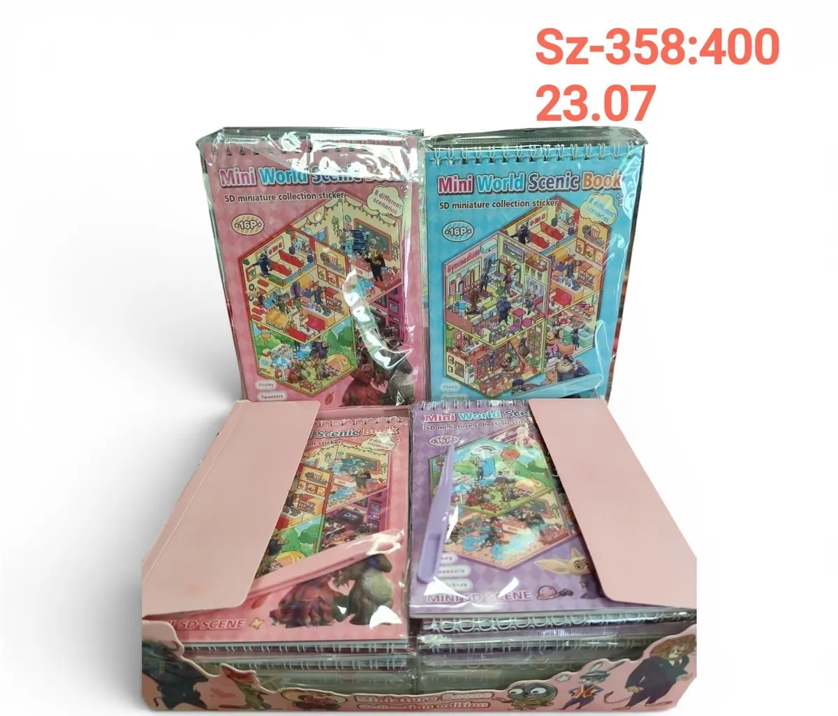 Zestaw Mini World Scenic Book w różowym i niebieskim opakowaniu z widocznymi ilustracjami scen, naklejkami 5D i pudełkiem zbi