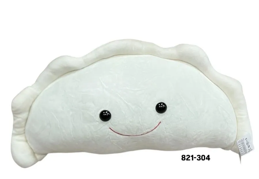 Biała pluszowa maskotka w kształcie pieroga z czarnymi oczami i czerwonym uśmiechem, rozmiar 50 cm