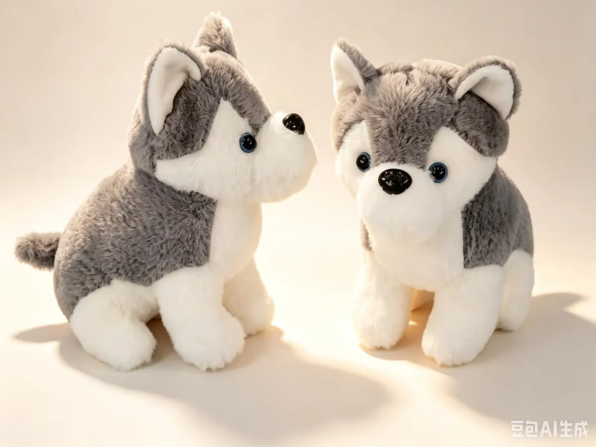 Dwie szare maskotki husky z białymi pyszczkami i niebieskimi oczami, jedna siedząca z boku, druga stojąca przodem.