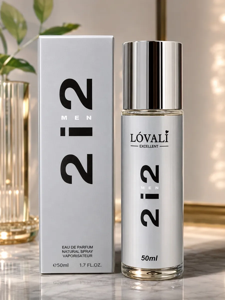 Srebrna butelka perfum męskich LÓVALI Excellent 212 50ml obok szarego pudełka na marmurowym blacie