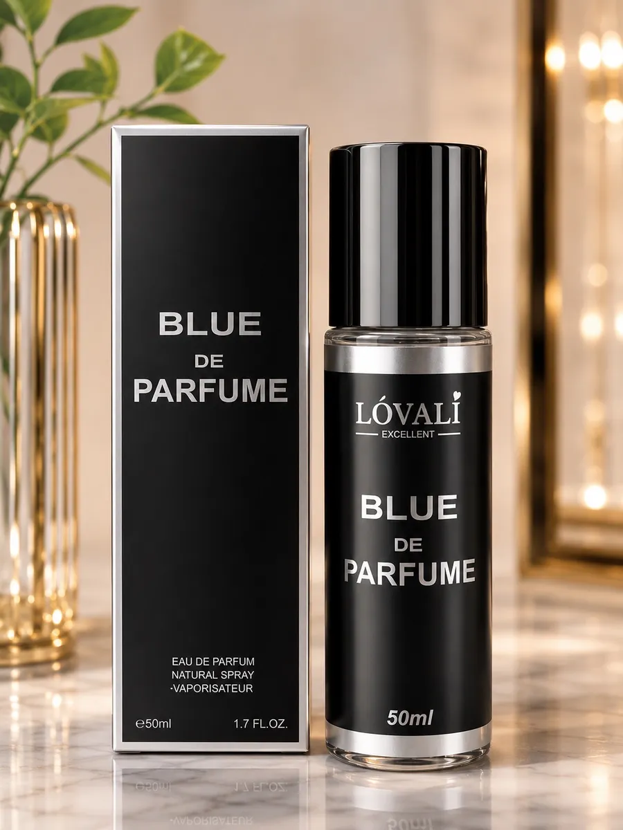 Szklany flakon perfum Lovali Excellent Blue de Parfume 50ml z czarną etykietą i srebrnymi elementami obok czarnego pudełka na