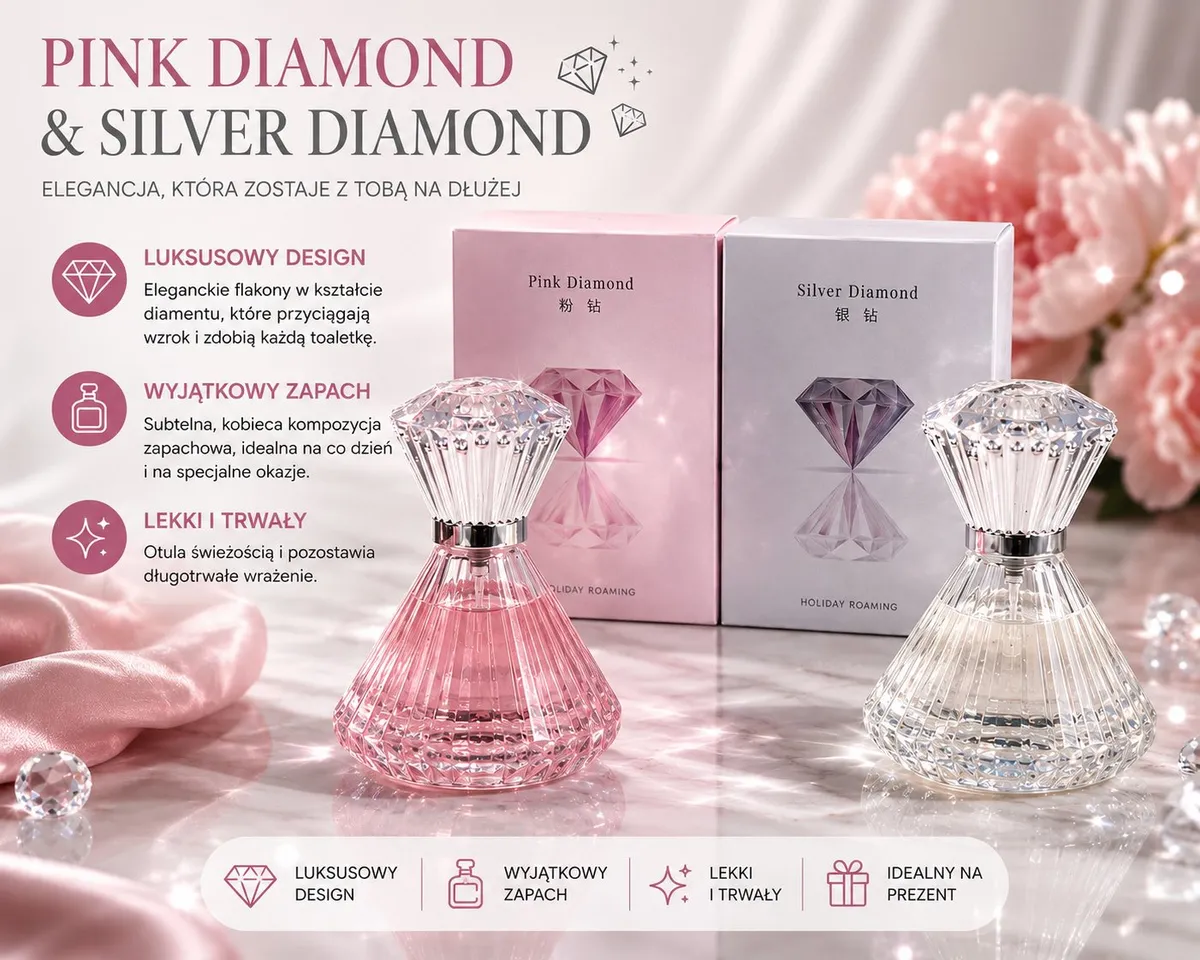 Elegancki flakon perfum Pink Diamond w kształcie diamentu z różowym płynem, obok pudełko i drugi flakon Silver Diamond na mar