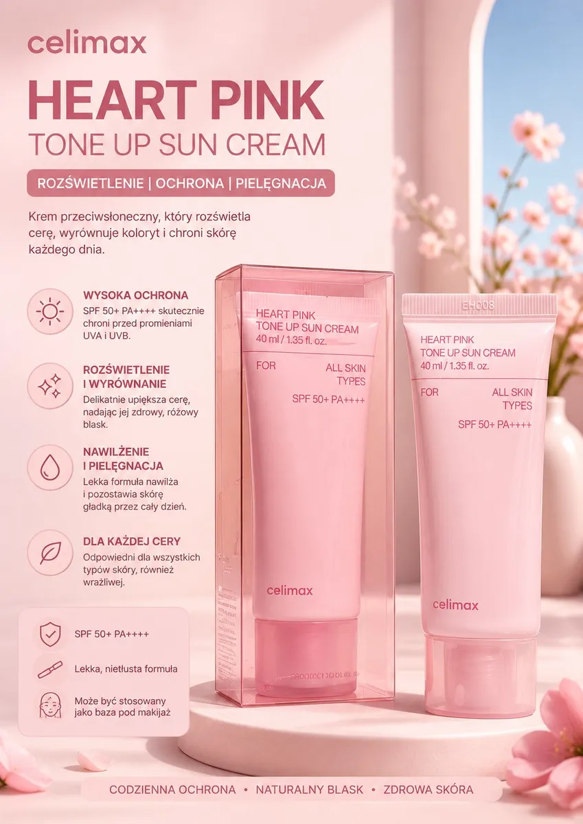 Różowa tuba kremu Celimax Heart Pink Tone Up Sun Cream SPF50+ PA++++ 40ml w przezroczystym opakowaniu kartonowym na jasnym tl