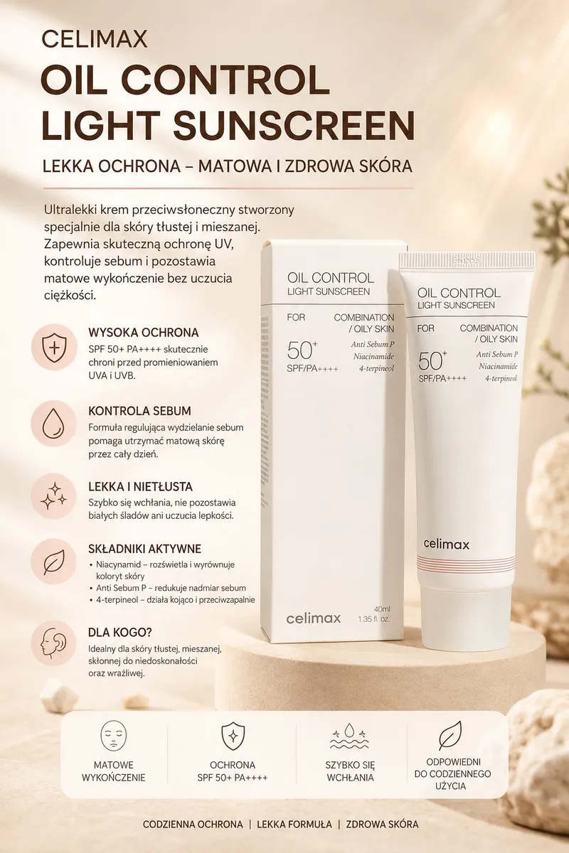 Białe opakowanie kartonowe i tubka kremu CELIMAX Oil Control Light Sunscreen SPF50+ PA++++ 40ml na beżowym tle z kamieniami