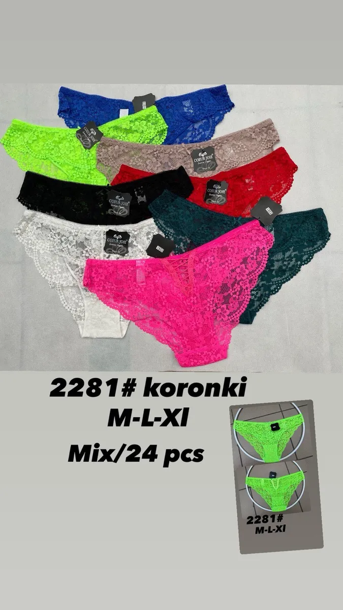 Zestaw koronkowych stringów w siedmiu kolorach: neonowa zieleń, granat, beż, czerwień, czerń, biel, butelkowa zieleń i róż, m