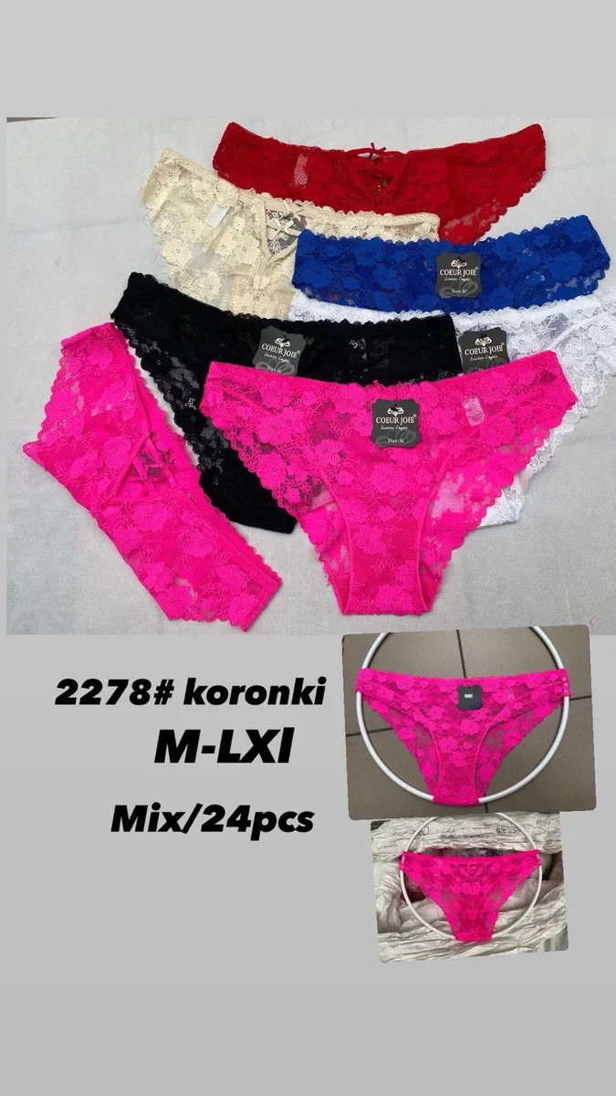 Zestaw koronkowych stringów w siedmiu kolorach: fuksja, czarny, granatowy, biały, czerwony, kremowy i różowy, rozmiar M-LXL,