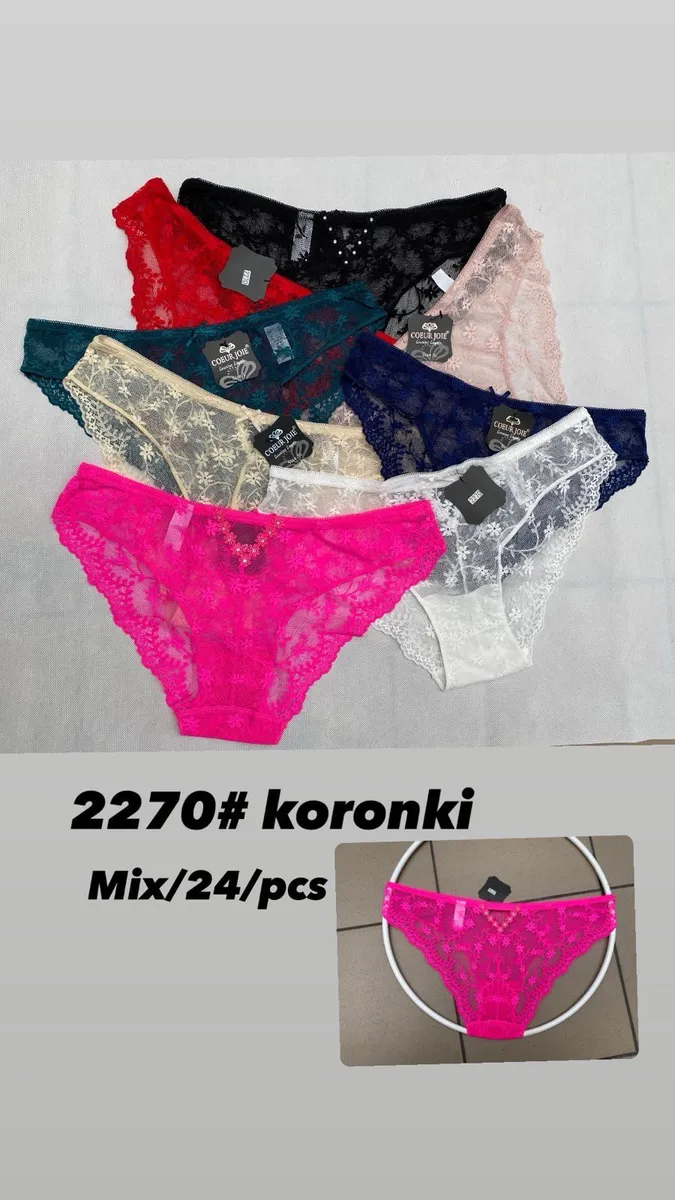 Zestaw koronkowych majtek damskich w ośmiu kolorach: fuksja, czerwień, granat, zieleń, beż, biel, pudrowy róż i czerń, ułożon
