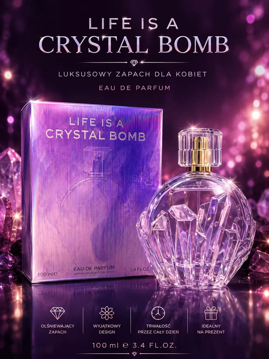 Perfumy Life Is A Crystal Bomb w szklanym kryształowym flakonie z złotym atomizerem obok holograficznego pudełka na fioletowy