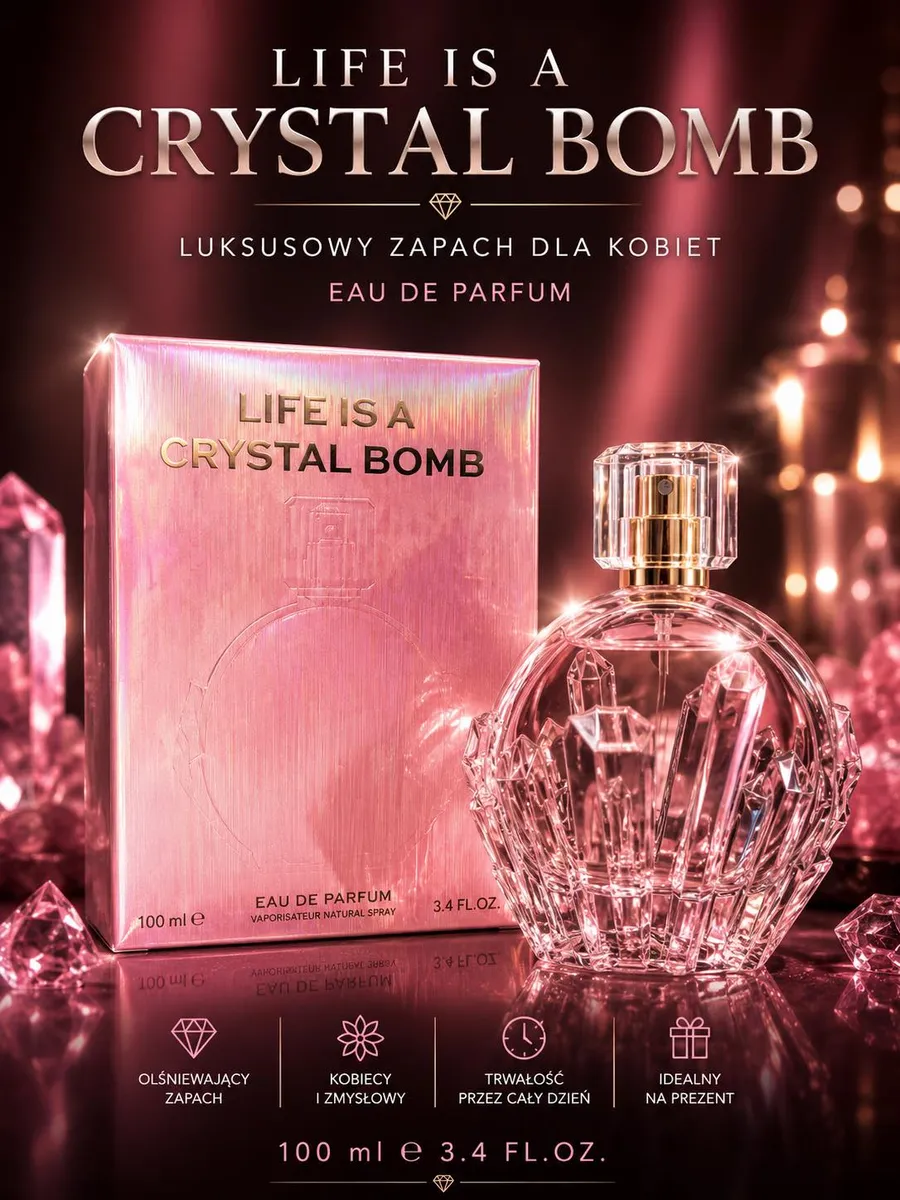 Różowy flakon perfum Life Is A Crystal Bomb w kształcie kryształu z złotym atomizerem obok iryskowego opakowania na tle krysz