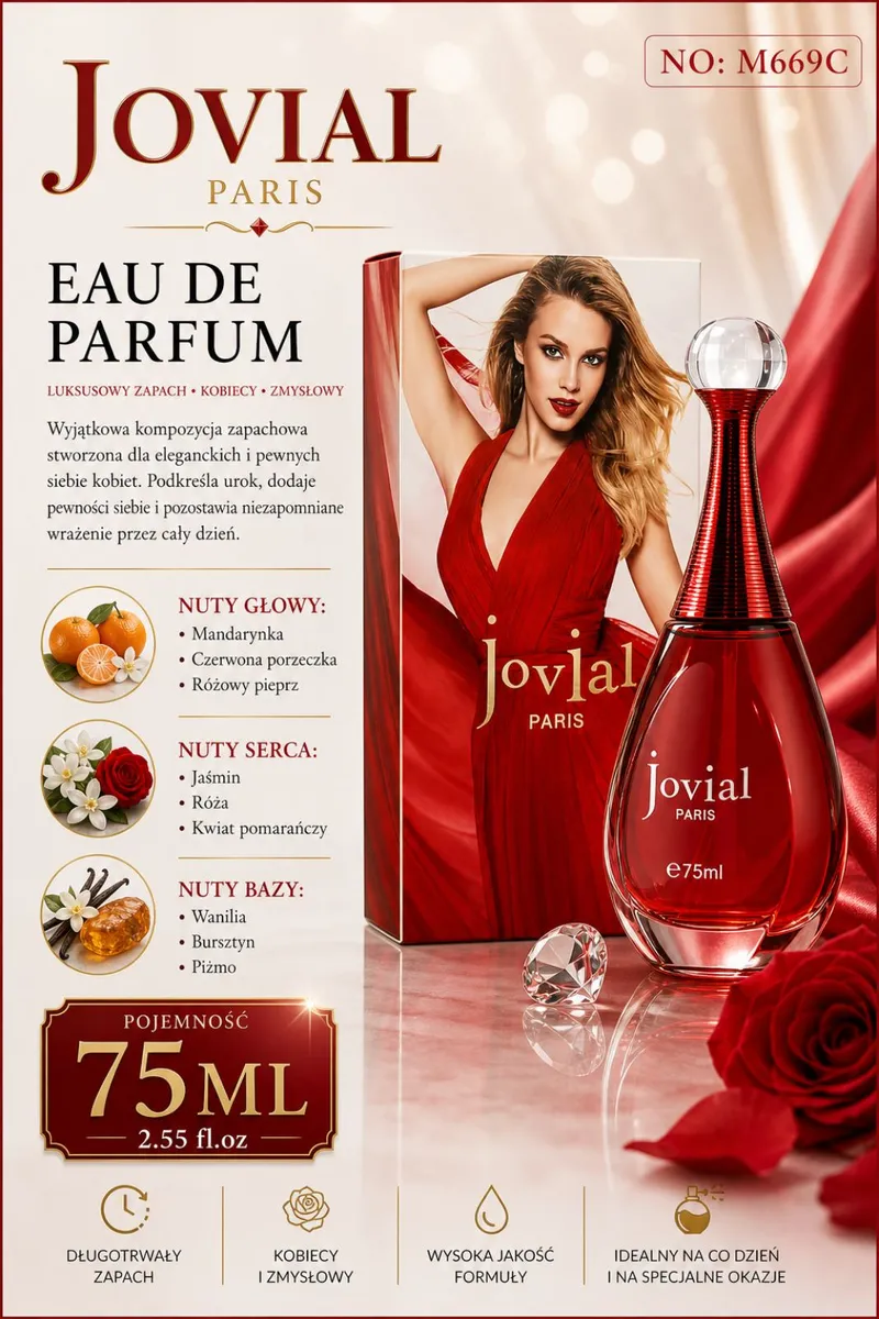 Czerwony flakon perfum Jovial Paris Eau de Parfum 75ml z eleganckim pudełkiem i różami na tle