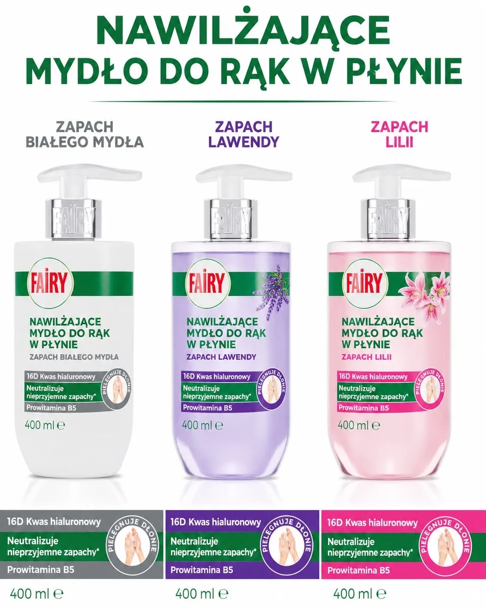 Trzy butelki nawilżającego mydła do rąk Fairy 400 ml w kolorach białym, lawendowym i różowym z dozownikami