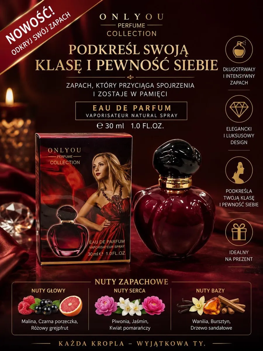 Perfumy Only You Perfume Collection 30ml w bordowej butelce z czarnym korkiem obok eleganckiego kartonowego opakowania z wize