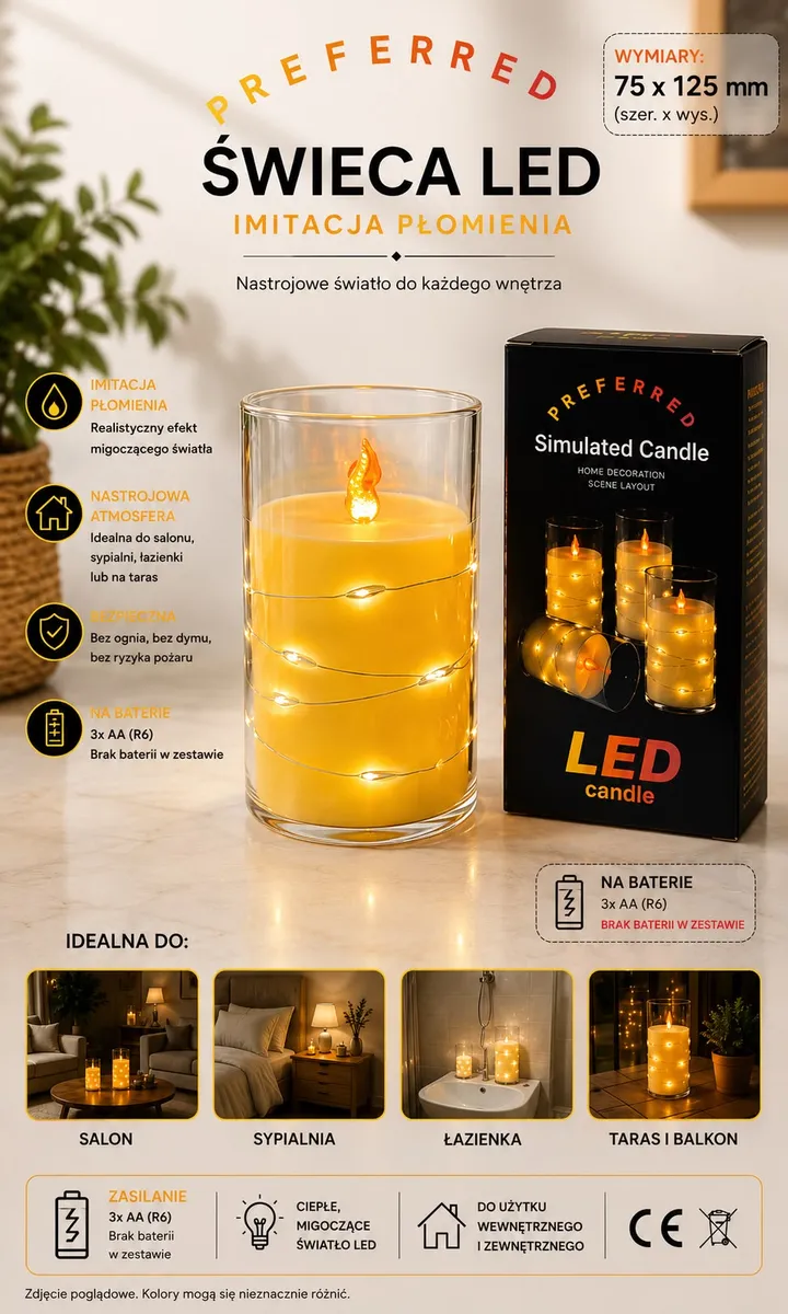 Żółta świeca LED z realistycznym efektem migoczącego płomienia w szklanym cylindrze 75x125 mm obok czarnego opakowania
