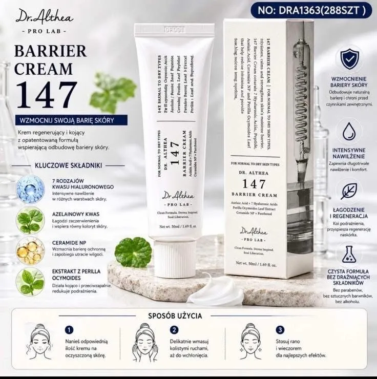 Biała tuba kremu Dr. Althea 147 Barrier Cream 50ml z kartonowym opakowaniem, widoczne składniki i instrukcja użycia na jasnym